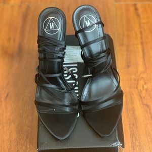 Black pointed toe satin lace up heels